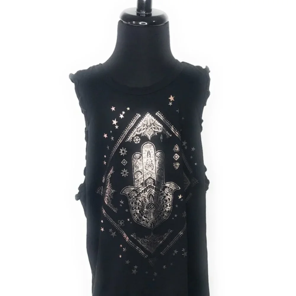 Rebellious One Teen Girls Juniors Hamsa Hand Graphic Black Tank Top Tee Medium